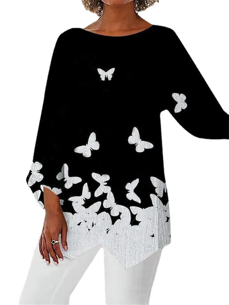 Spring/Summer Geometric Print Long Sleeve Patchwork Round Neck Shirt - Image 12