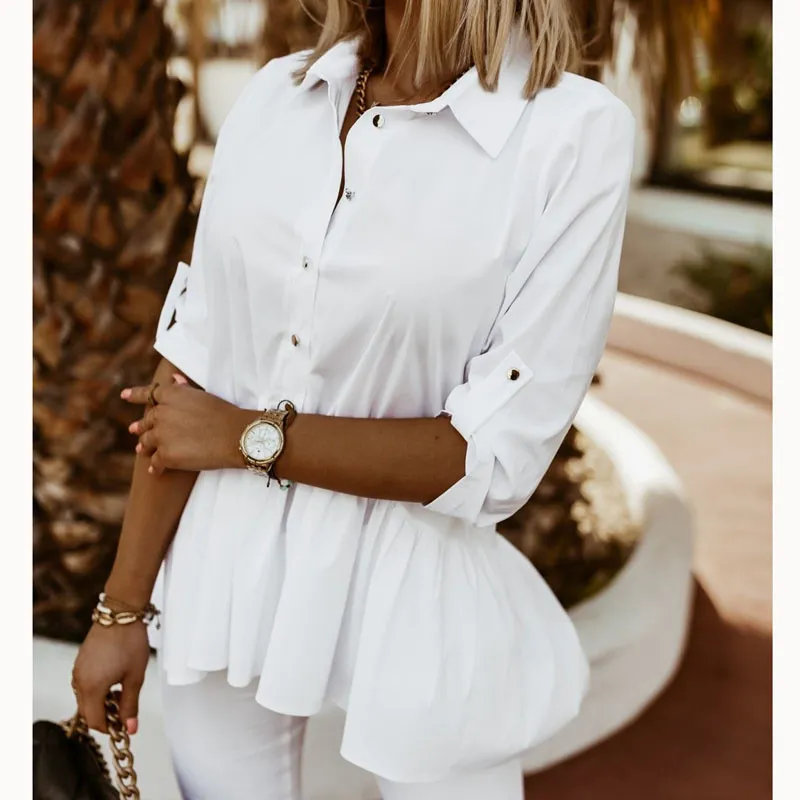 Spring Solid Chic Career Pullover Green Turndown Collar Single Breasted Casual Elegant Women's T-Shirt - Image 4