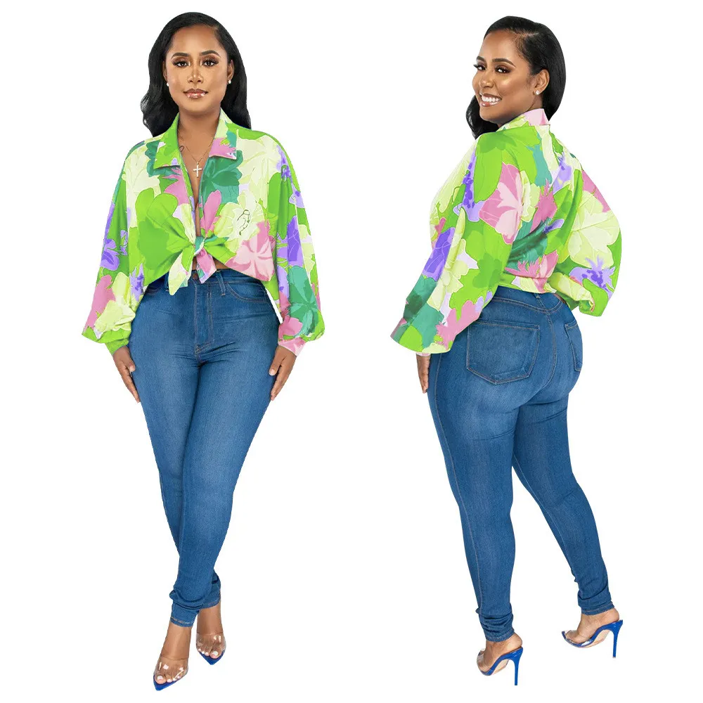 Women's Bat Sleeves Top Turndown Collar Print Shirt - Image 2