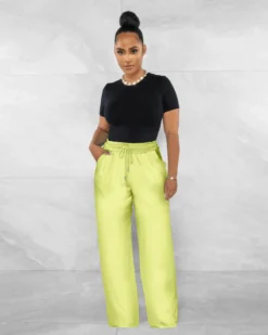 Women's High Stretch Silk Solid High Waist Loose Pocket Casual Wide Leg Pants