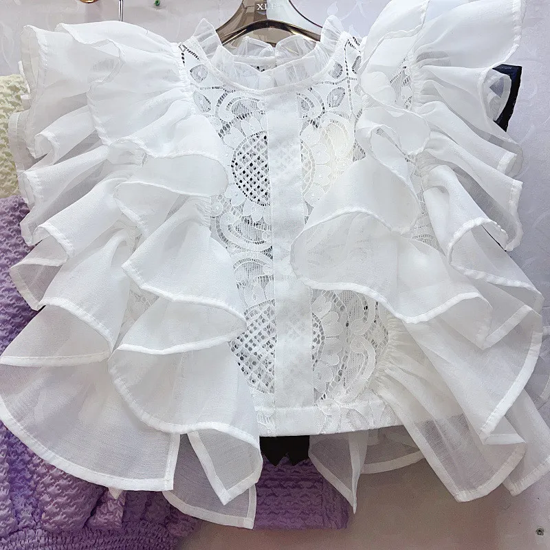 Women Summer French Ruffle Patchwork Crochet Hollow Stand Collar Lace Shirt - Image 15