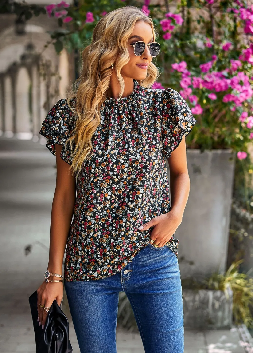 Spring Summer Women'S Loose Casual Top Floral Round Neck Shirt - Image 8