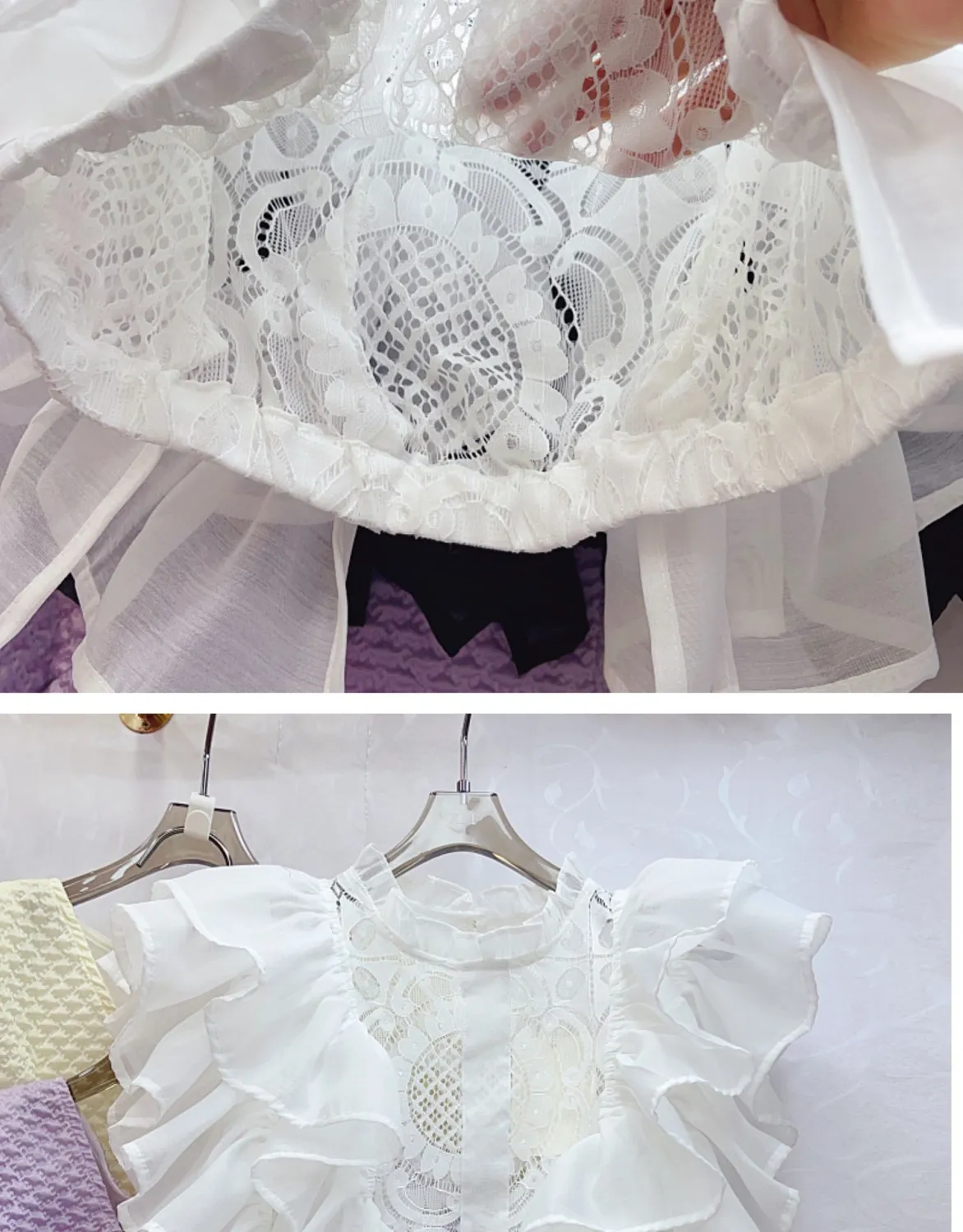 Women Summer French Ruffle Patchwork Crochet Hollow Stand Collar Lace Shirt - Image 11