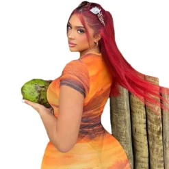 Summer See-Through Mesh Gradient Printing Round Neck Short Sleeve Trendy Women Slit Beach Dress