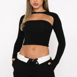 Fall/Winter Long Sleeve T-Shirt Solid Color Sexy Cutout Crop Long Sleeve Two Piece Top