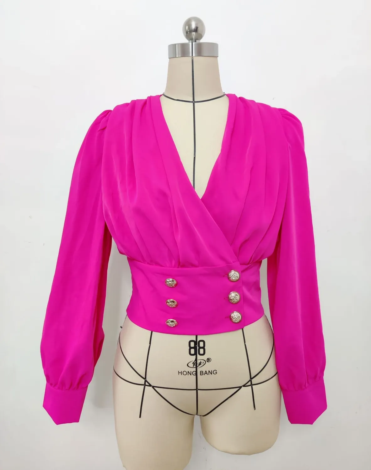 Women's V-Neck Sexy Long-Sleeved Short Slim Waist Puff Sleeve Solid Color Pleated Shirt - Image 2