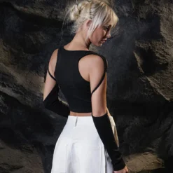 Women Autumn Long Sleeve Round Neck Solid Hollow Crop T-Shirt