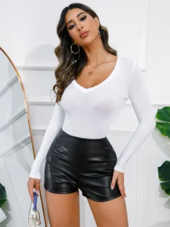 High Waist Slim Fit Casual Summer Women's Leather Pants Leather Shorts Basic Pants