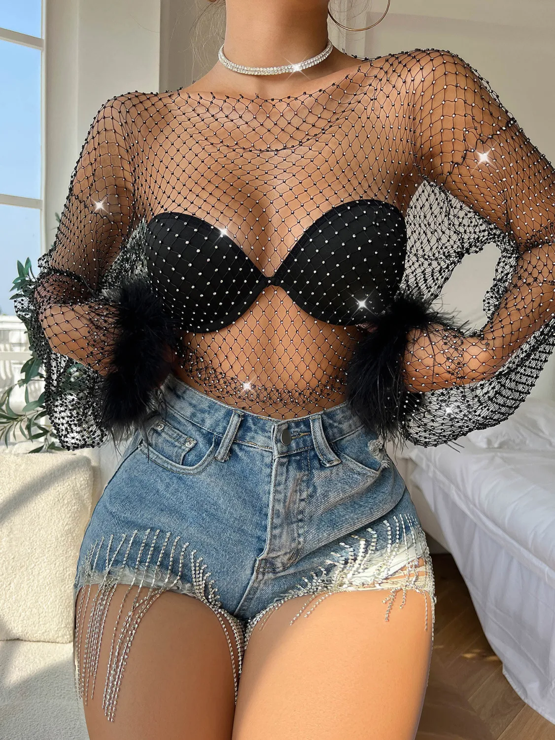 Women Glitter Diamond Mesh Hollow Long Sleeve Women T-Shirt - Image 6