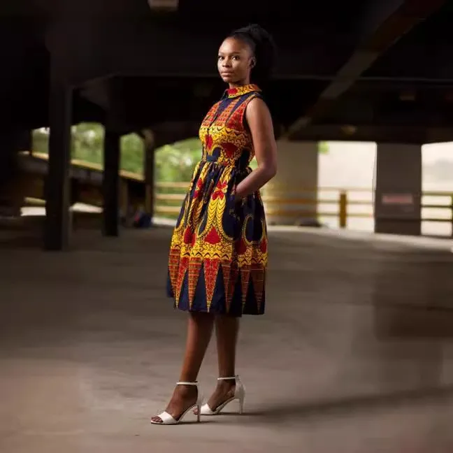 Sexy Printed Turndown Collar Sleeveless Slim Waist African Dress - Image 3