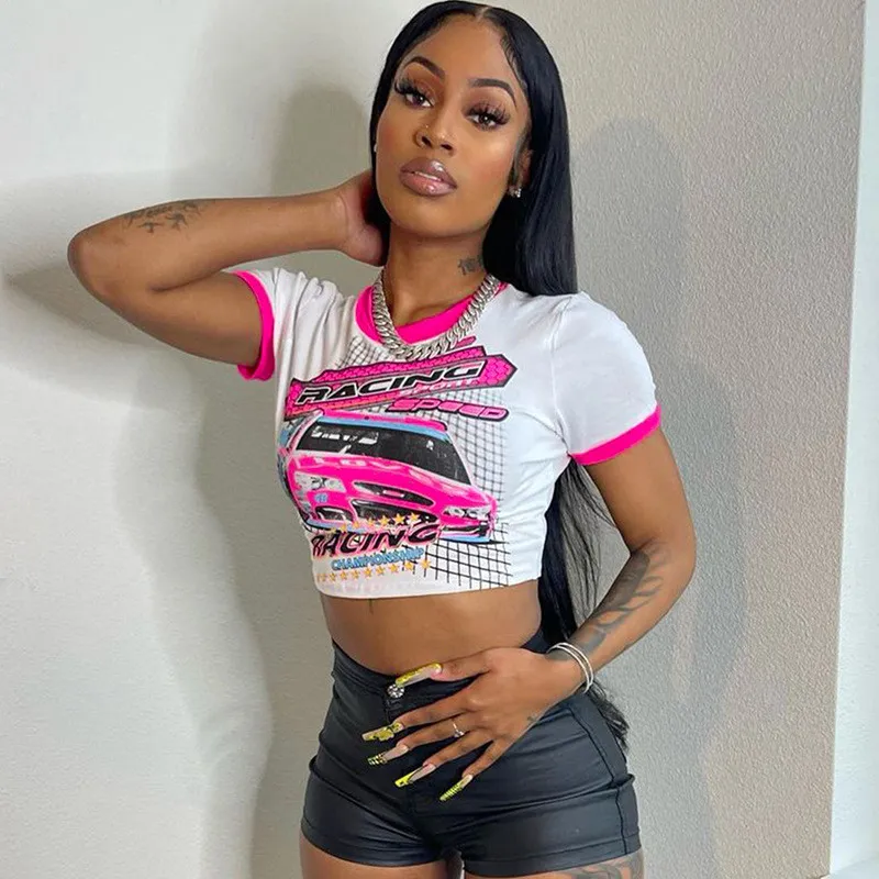 Women Summer Color Contrast Print T-shirt Top - Image 7