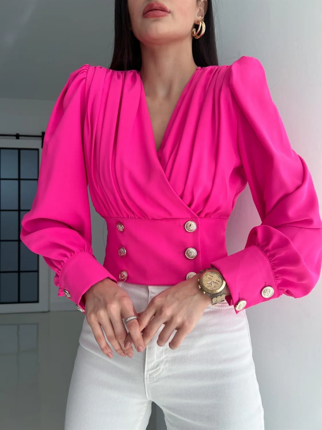 Women's V-Neck Sexy Long-Sleeved Short Slim Waist Puff Sleeve Solid Color Pleated Shirt - Image 4