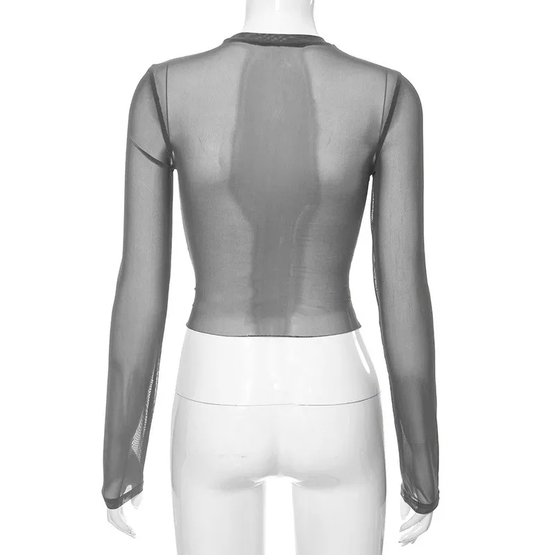 Women Printed Long Sleeve Sexy See-Through Crop Top - Image 2