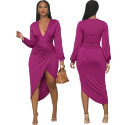 Women Sexy Solid Deep V-neck Dress