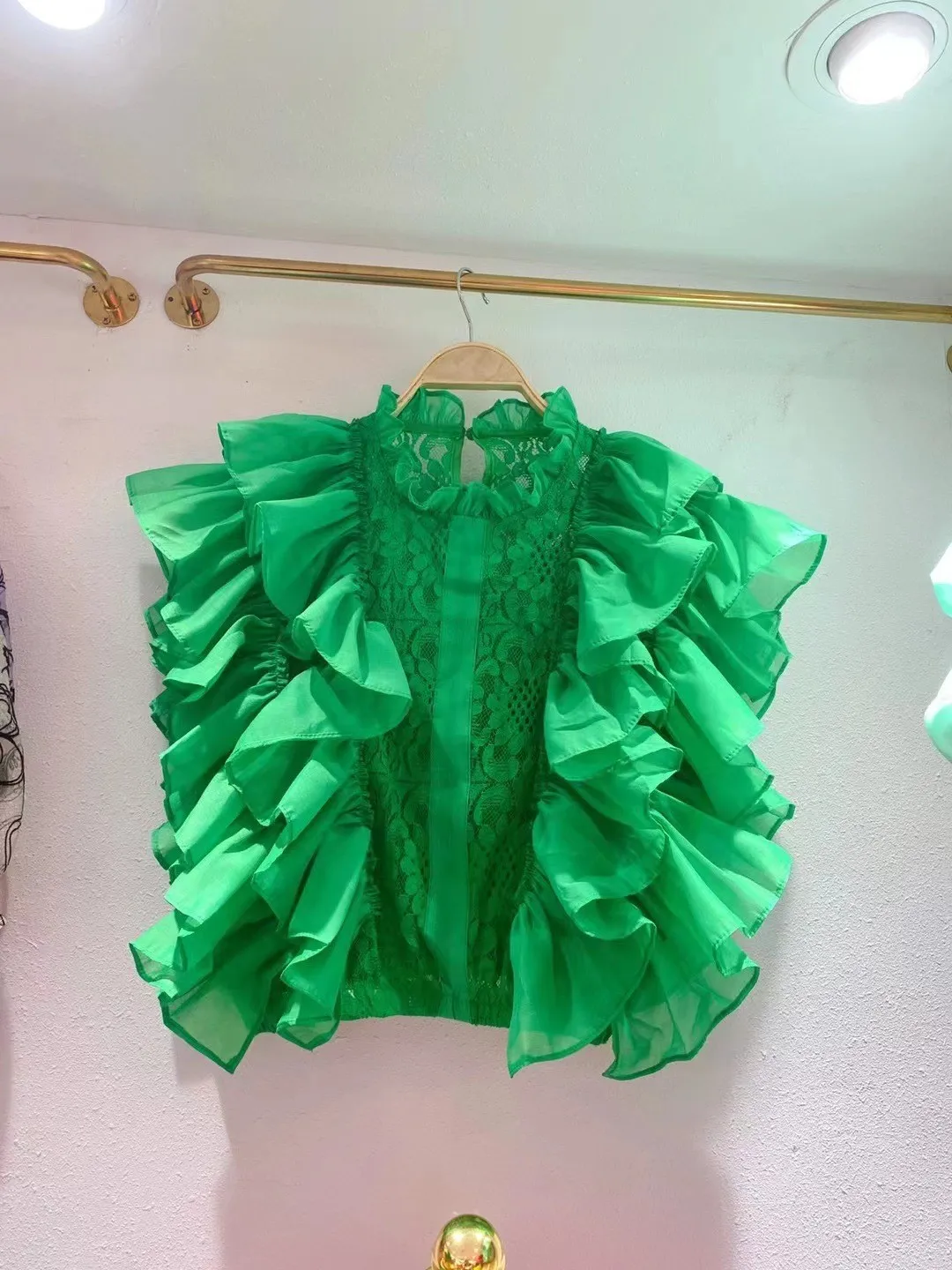 Women Summer French Ruffle Patchwork Crochet Hollow Stand Collar Lace Shirt - Image 18