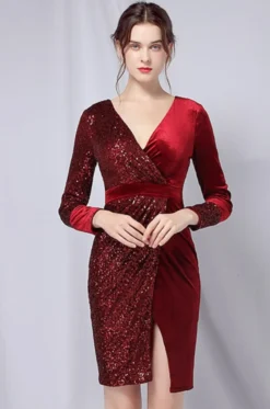 Autumn Formal Red Patch Sequin Wrap Cocktail Dress