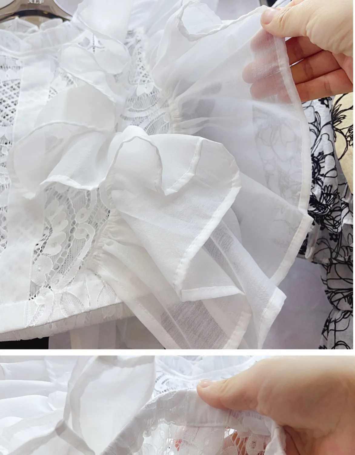 Women Summer French Ruffle Patchwork Crochet Hollow Stand Collar Lace Shirt - Image 20