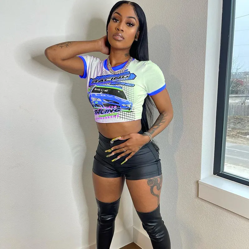 Women Summer Color Contrast Print T-shirt Top - Image 14