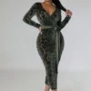 Women's Flocked Long Sleeve V-Neck Nightclub Dress