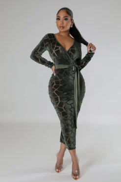 Women's Flocked Long Sleeve V-Neck Nightclub Dress