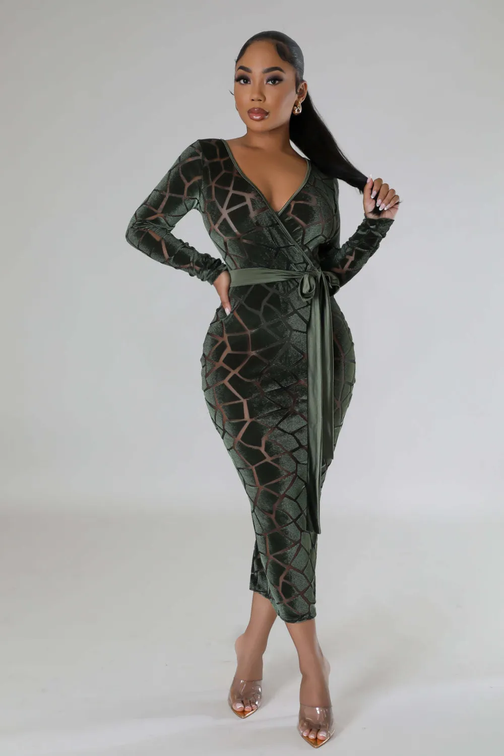 Women's Flocked Long Sleeve V-Neck Nightclub Dress