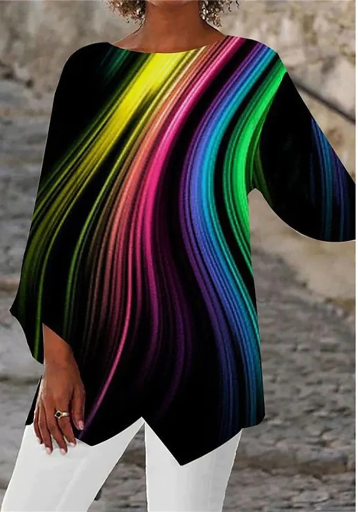 Spring/Summer Geometric Print Long Sleeve Patchwork Round Neck Shirt - Image 7