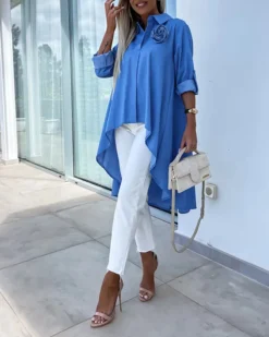 Women's Blue Long-Sleeved Flower Irregular Loose Shirt