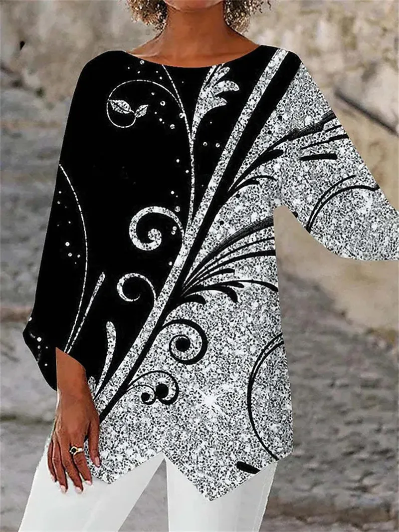 Spring/Summer Geometric Print Long Sleeve Patchwork Round Neck Shirt - Image 6