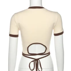 Summer Sexy Slim Fashion Print Round Neck Lace-Up Corset Crop T-Shirt Women