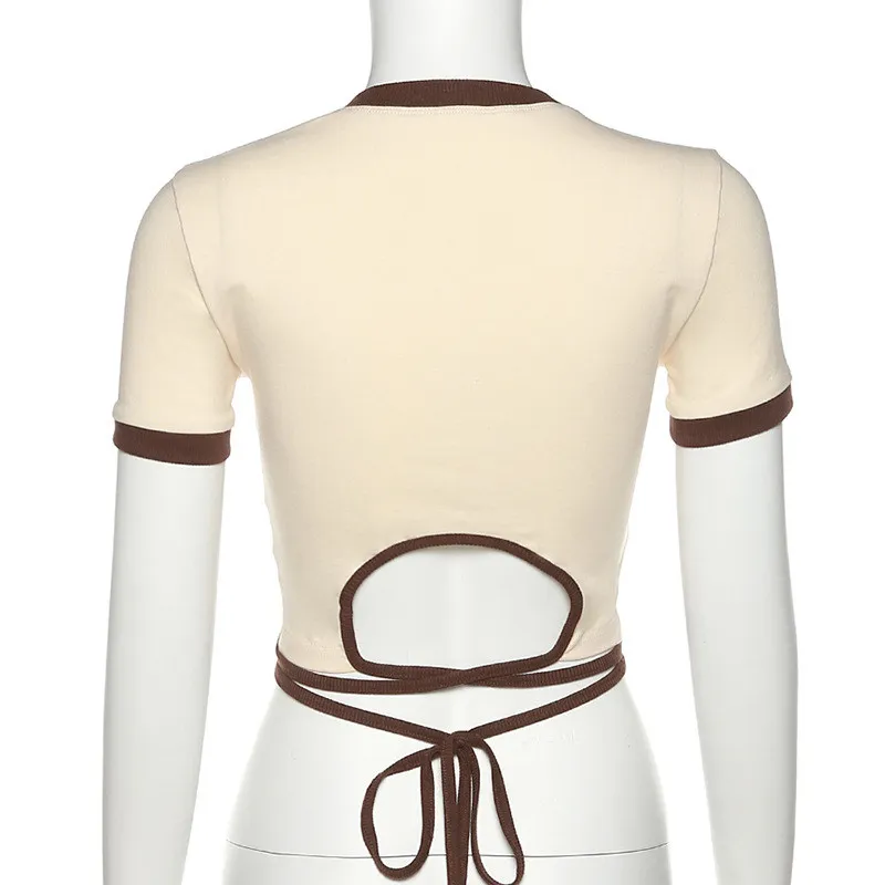 Summer Sexy Slim Fashion Print Round Neck Lace-Up Corset Crop T-Shirt Women