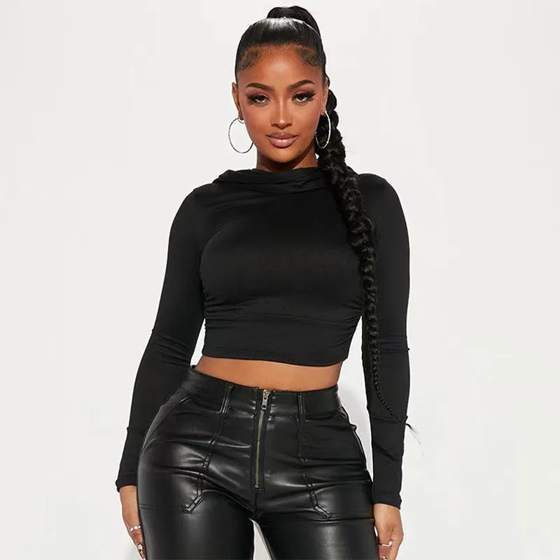 Women's Hooded Top Autumn And Winter Casual Solid Color Long Sleeve Crop T-Shirt For Women - Image 12