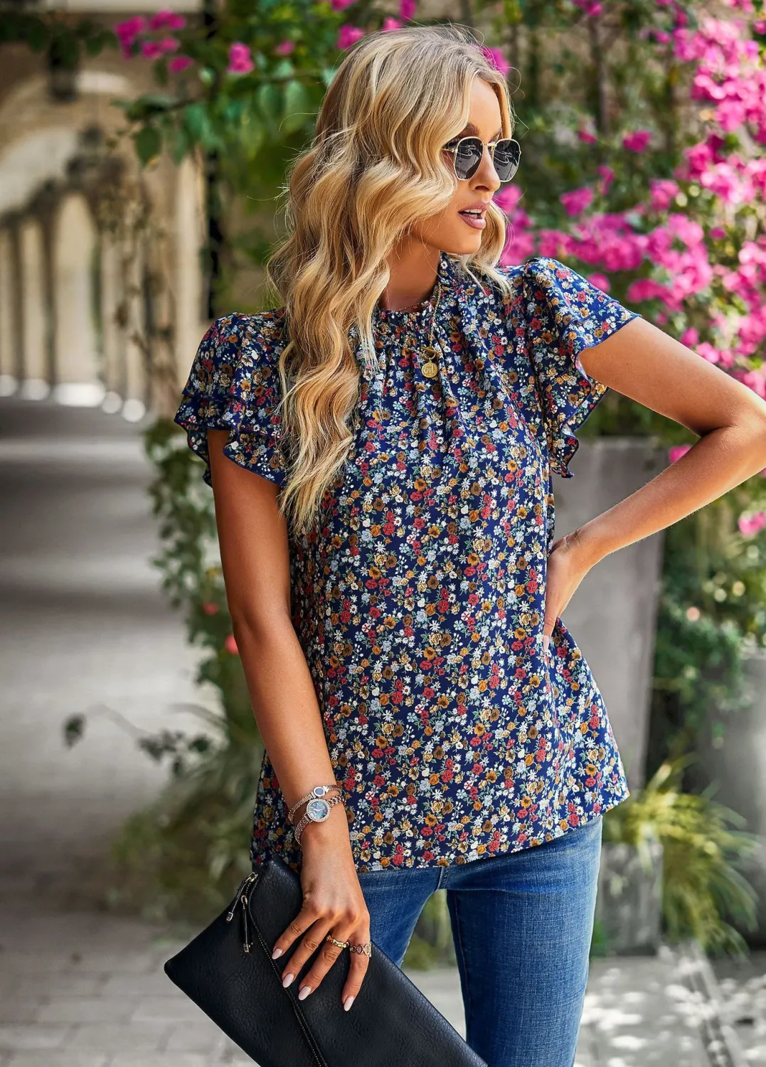 Spring Summer Women'S Loose Casual Top Floral Round Neck Shirt - Image 9