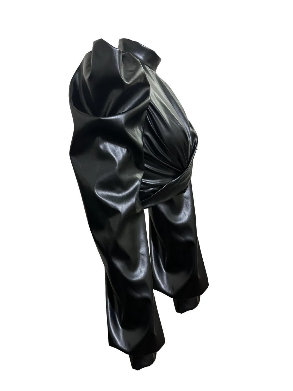 Women Puff Shoulder Pu Leather Crop Top - Image 13