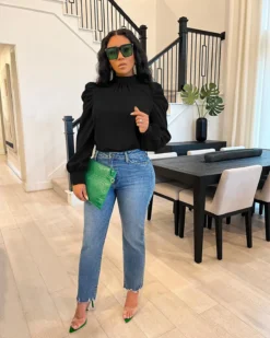 Women Solid Stand Collar Puffed Sleeve Top