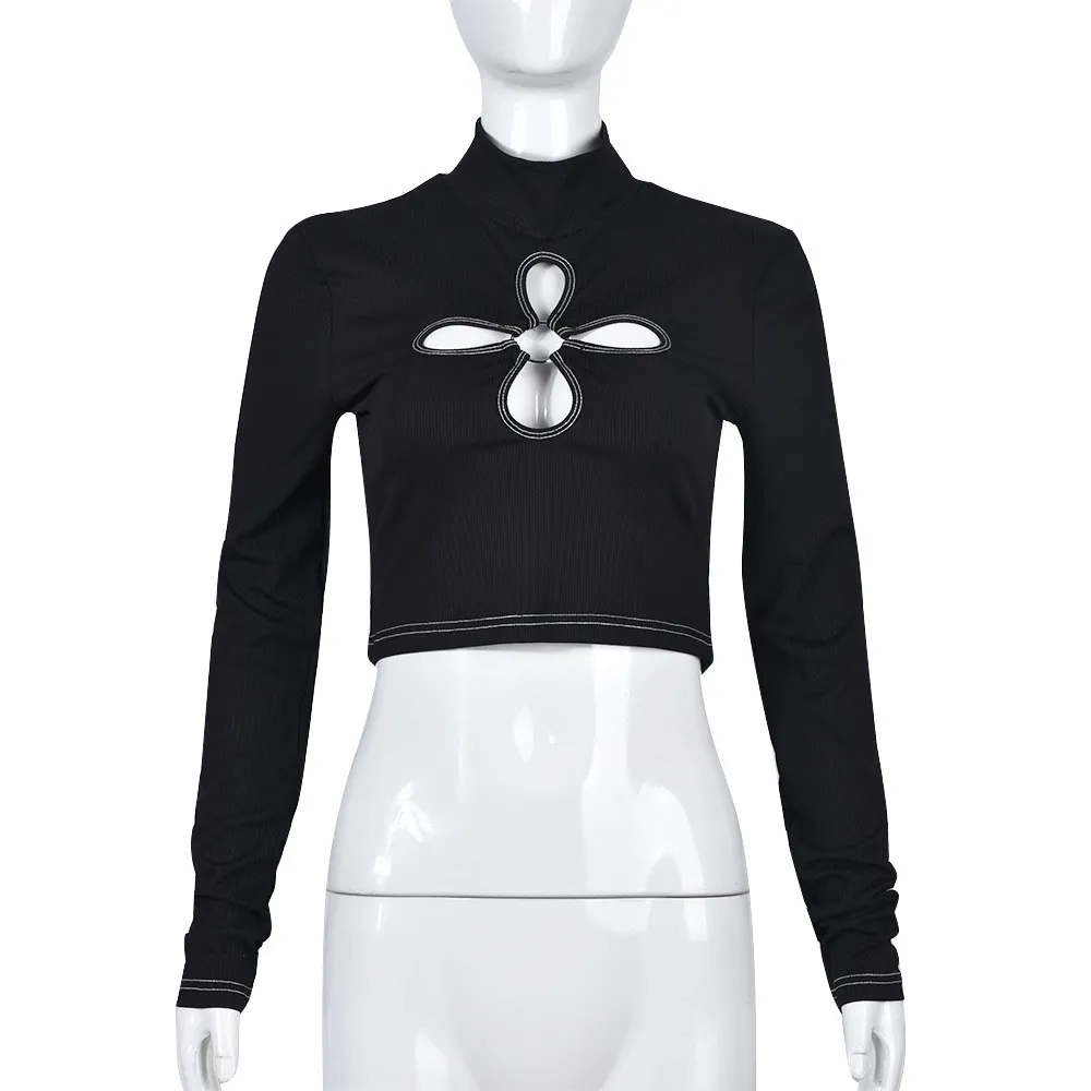 Women Round Neck Four Leaf Cutout Solid Long Sleeve Crop Top - Image 9