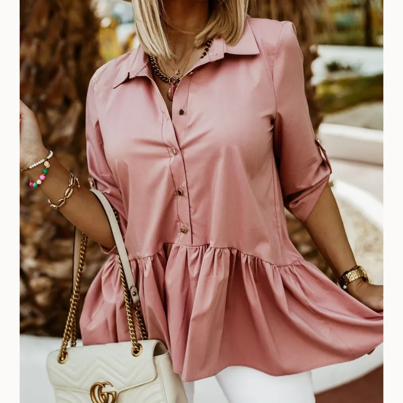 Spring Solid Chic Career Pullover Green Turndown Collar Single Breasted Casual Elegant Women's T-Shirt - Image 3