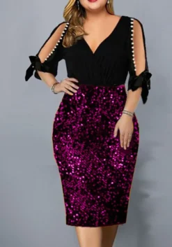 Plus Size Women V Neck Sequin Cutout Half Sleeve Dress