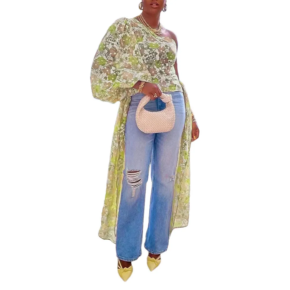 Women Sexy Print Single Sleeve Bell Bottom Sleeve Top - Image 13