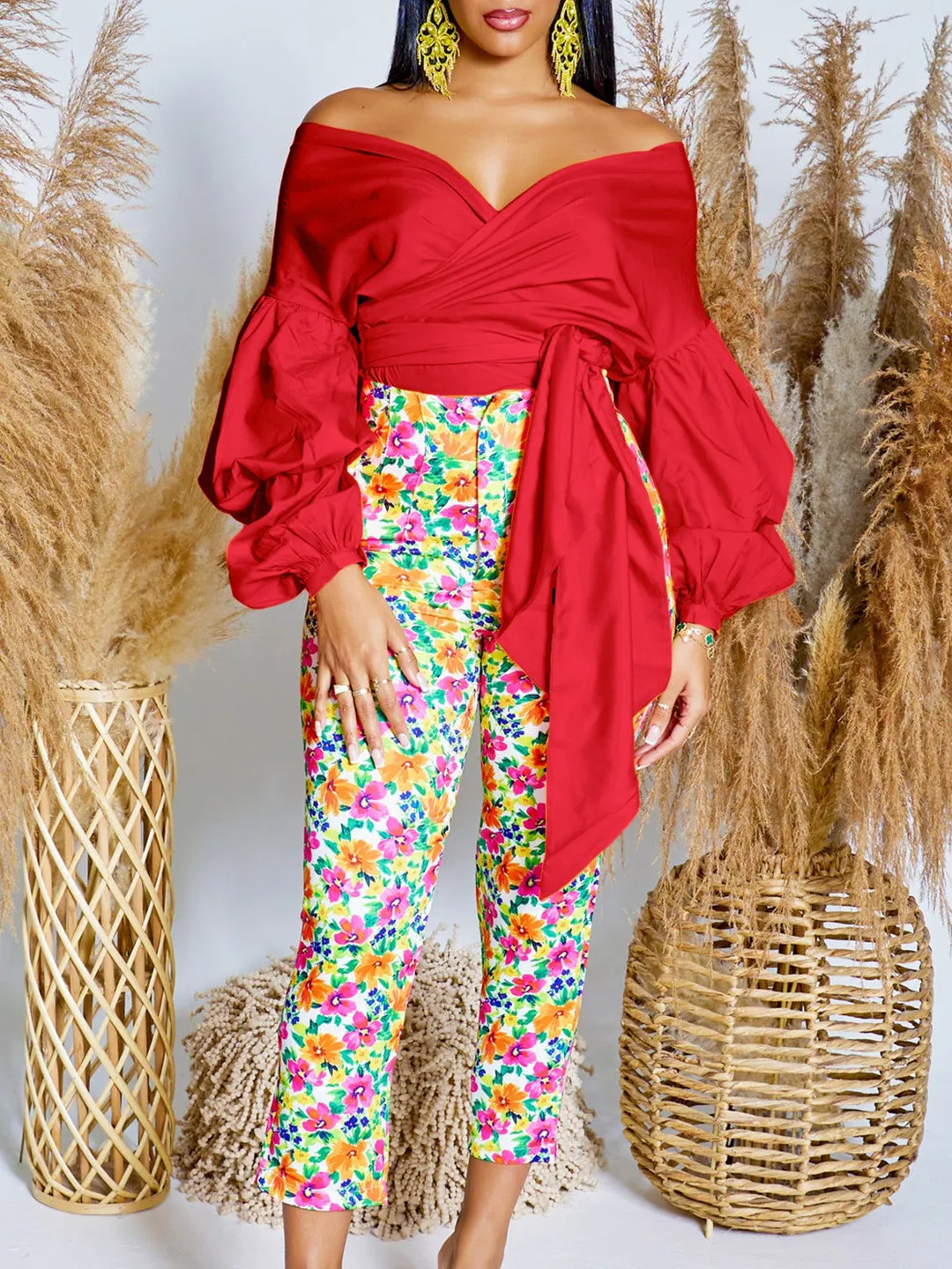 Summer Fashion Solid Color Off-Shoulder Cross Lace-Up Puff Sleeve Sexy V-Neck Shirt African Top - Image 5