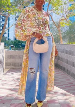 Women Sexy Print Single Sleeve Bell Bottom Sleeve Top