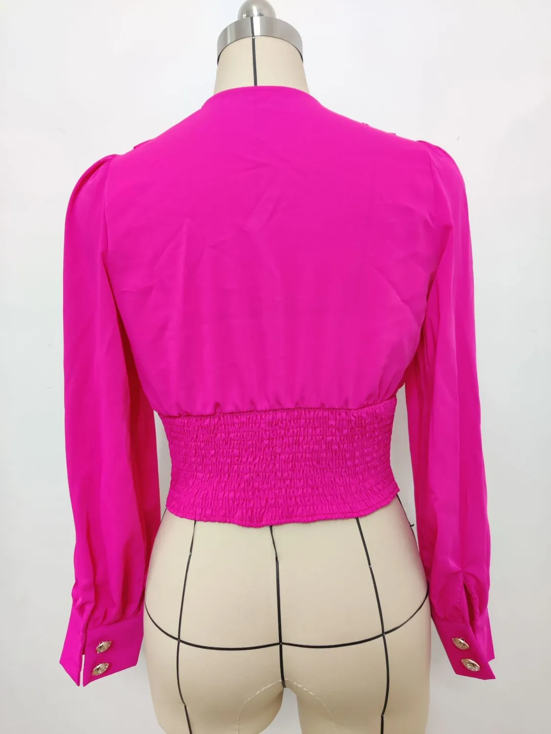 Women's V-Neck Sexy Long-Sleeved Short Slim Waist Puff Sleeve Solid Color Pleated Shirt - Image 7