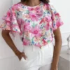 Women Summer Print Ruffle Sleeve Round Neck Short Sleeve Top