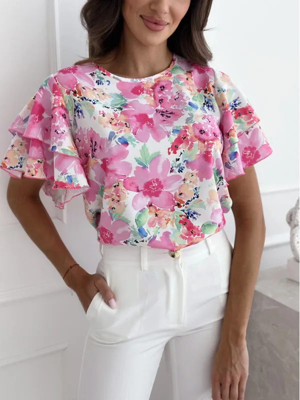 Women Summer Print Ruffle Sleeve Round Neck Short Sleeve Top