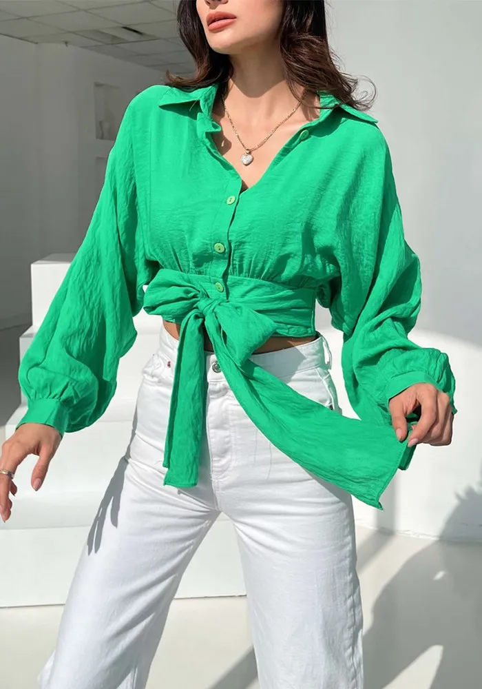 Women's Lace Up Long Sleeve Cardigan Spring Summer Bat Sleeves Crop Loose Shirt - Image 12