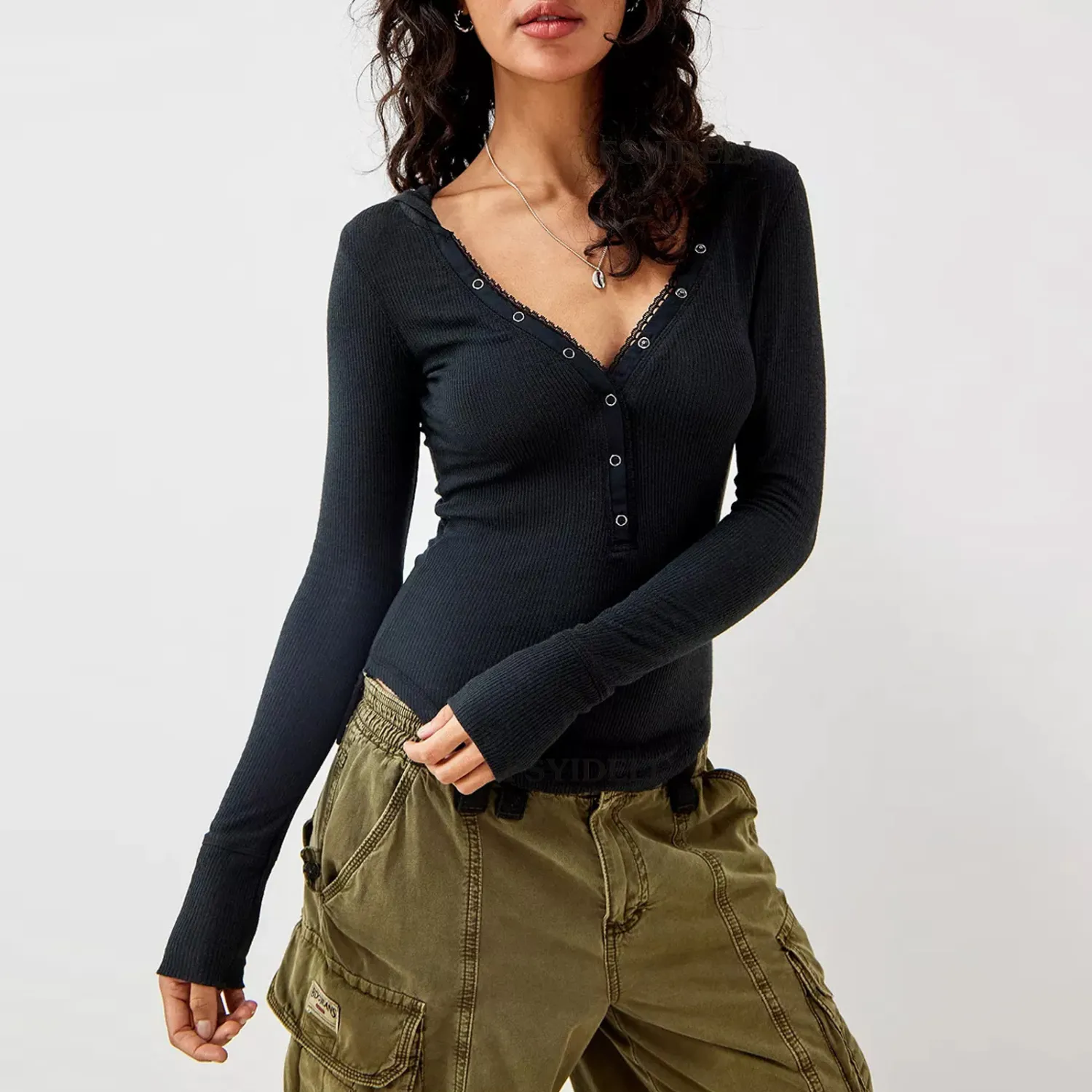 Women Solid Long Sleeve Single Breasted Hooded T-Shirt - Image 5