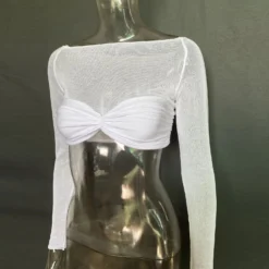 Spring Summer Women'S Off Shoulder See-Through Long Sleeve Cropped Top