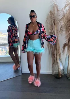 Women Clothes Sexy Floral Print Bra Top Long Sleeve Sleeve Shirt Two Piece Set