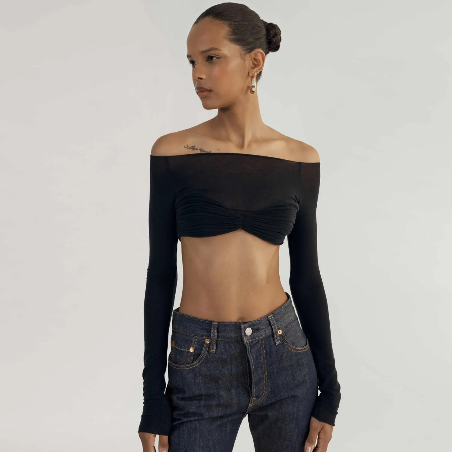 Spring Summer Women'S Off Shoulder See-Through Long Sleeve Cropped Top - Image 2