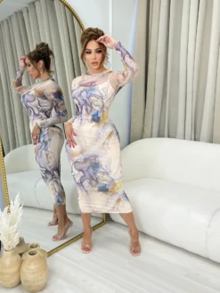 Autumn Women's Printed Long Sleeve See-Through Mesh Long Dress For Women