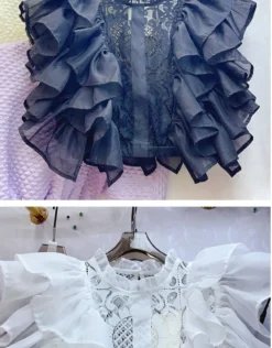 Women Summer French Ruffle Patchwork Crochet Hollow Stand Collar Lace Shirt